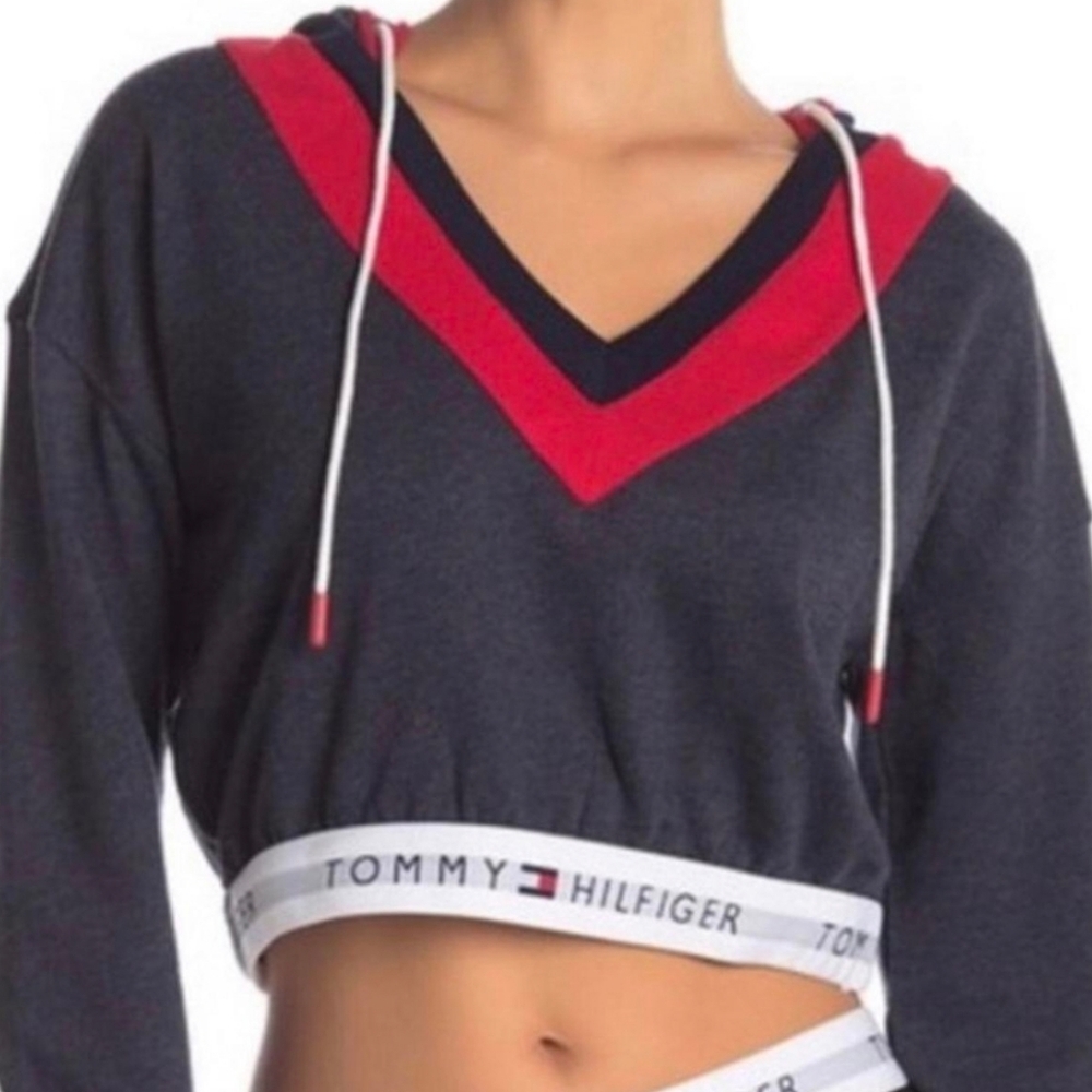 Tommy Hilfiger‎ Charcoal and Crimson Crop Branded Retro Hoodie